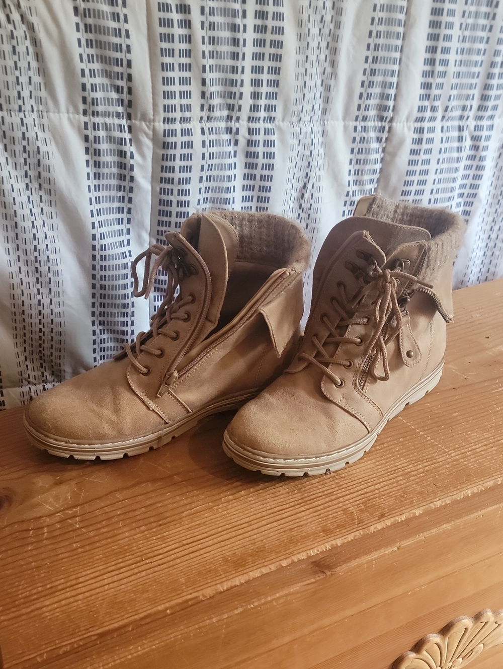 Women's Tan Lace-Up Ankle Booties with Side Zipper
